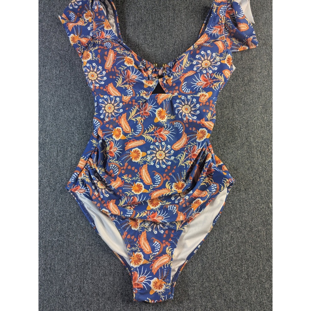 Blue Floral Paisley Ruffle Sleeve One Piece Swimsuit Keyhole Tie Back Small